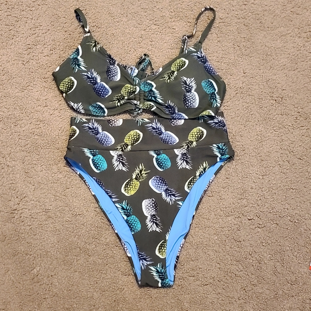 aerie Olive Pineapple Print One-Piece Swimsuit with Blue Accents